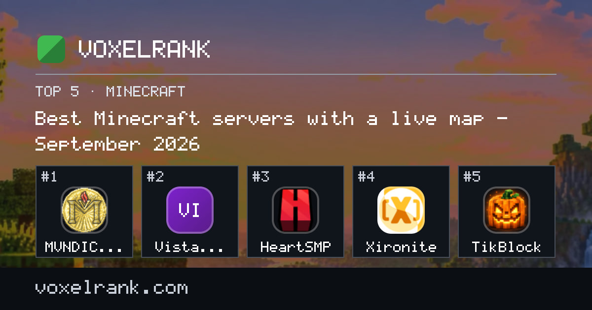 Best Minecraft servers with a live map – September 2026 – 1. MVNDICRAFT, 2. Vista Valley, 3. HeartSMP, 4. Xironite, 5. TikBlock