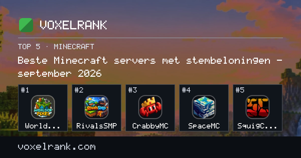 Beste Minecraft servers met stembeloningen – september 2026 – 1. World Of Pixel, 2. RivalsSMP, 3. CrabbyMC, 4. SpaceMC, 5. SquigCraft